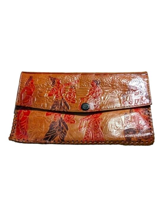 Hand Crafted Handbags - VINTAGE Tooled Artistic Leather Wallet Indian scene